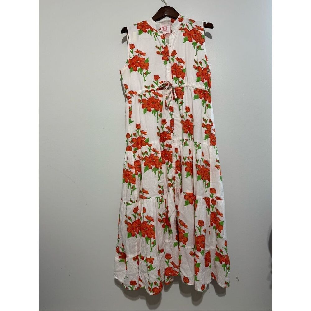 Victoria Dunn White Orange Floral Tiered Maxi Dress Mandarin Collar Medium